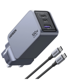 UGREEN Nexode Pro 100W 3-Port GaN Fast Charger UK Grey+1.5M 100W Cable – UG-25875(X757)